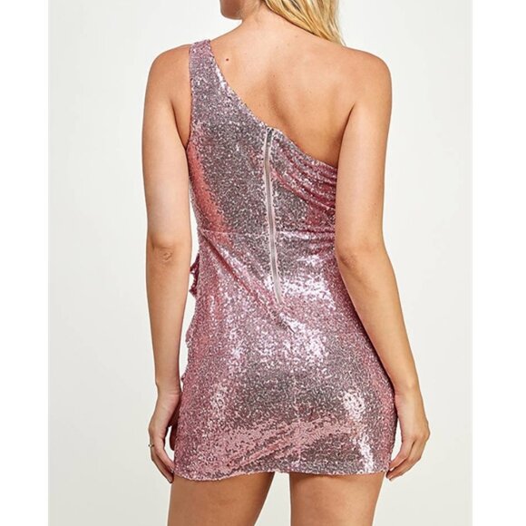Pink Sequin Mini Dress One Shoulder - Picture 5 of 6